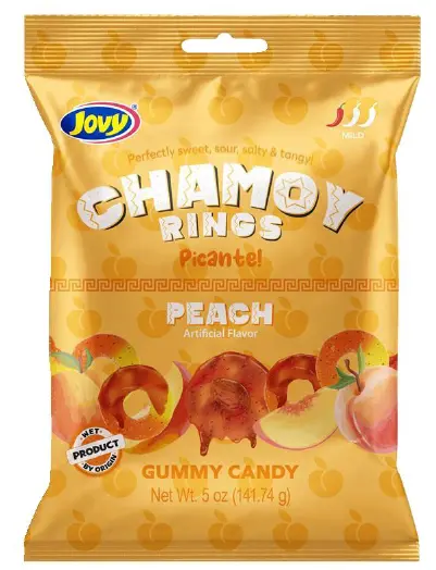 Jovy Chamoy Picante Spicy Gummy Peach Rings Peg Bags 5 Oz 8Ct 1