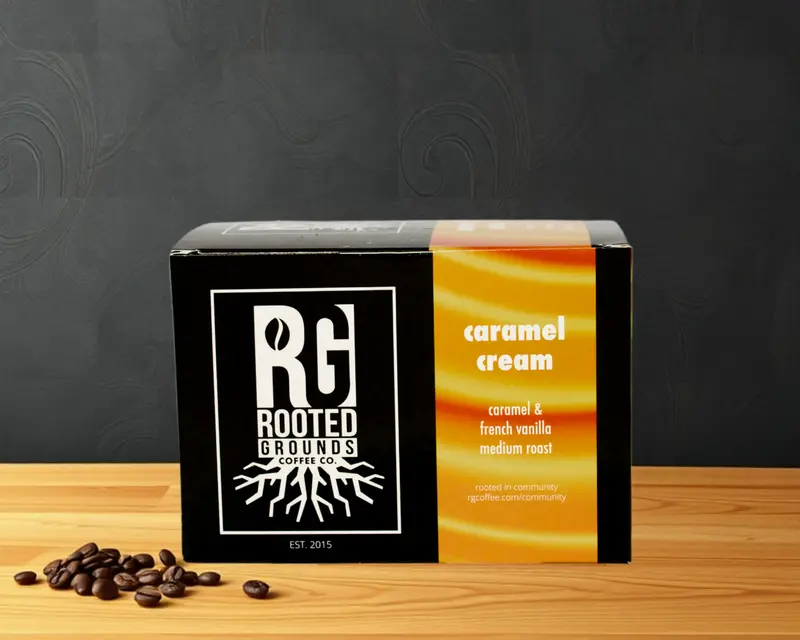 Rooted Grounds Caramel Cream K-Cup Coffee Pods 12-Count Box 1